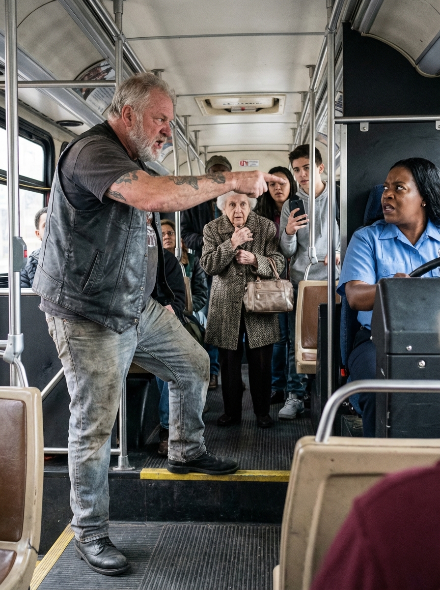 A Biker Climbed Onto a Crowded Bus and Demanded the Driver Stop Immediately — When the Bikers Behind Him Surrounded It, Everything Turned Around